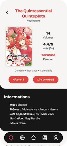 Écran d'une page d'informations d'un manga dans l'application Manghakken